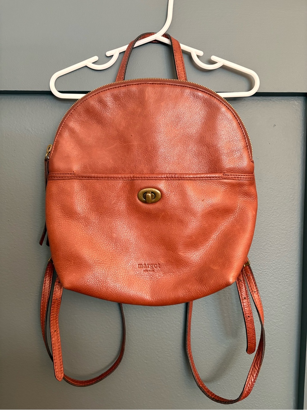 Margot New York Camille Turnlock 100% Leather Backpack Purse Round Cognac Brown